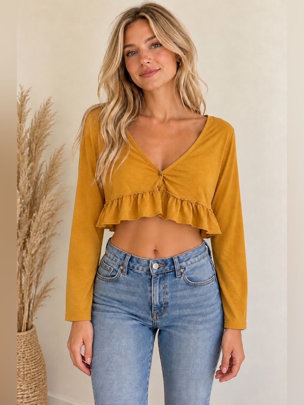 Urban Outfitters Gold 3/4 Sleeve Ruffled Crop Blouse